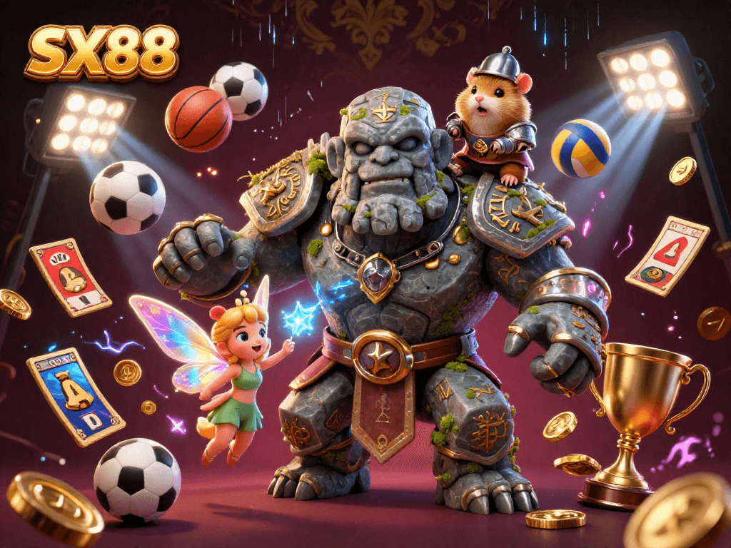 SX88 engages players with dynamic slot reels and a vibrant cartoon scene of a golem and fairy.