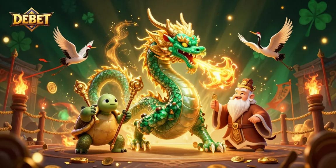 Win big with DEBET at this vibrant 3D casino scene featuring a majestic jade dragon!