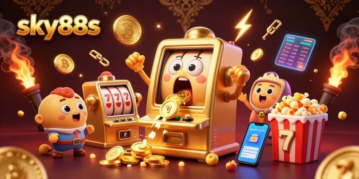 Spin to win with sky88s at animated slot machines pouring coins during a jackpot celebration.