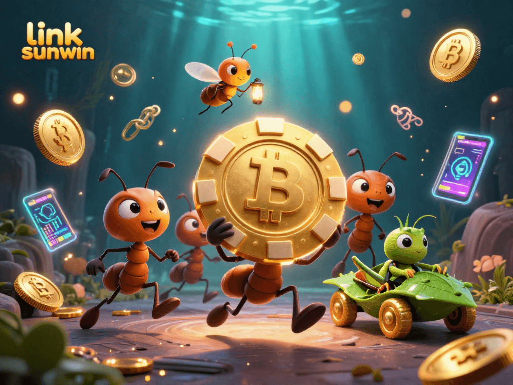 Experience the thrill of gaming with link sunwin as cartoon ants carry a giant poker chip in a vibrant 3D scene.