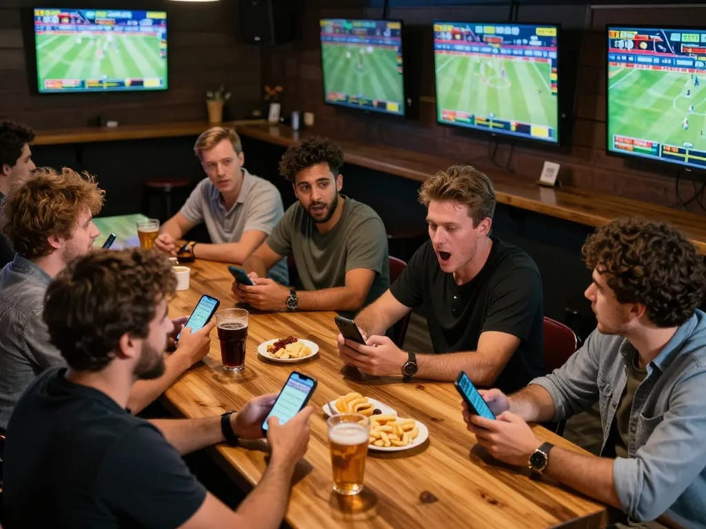 Engaged bettors using 888vnd app for live sports betting in an exciting sports bar scene.