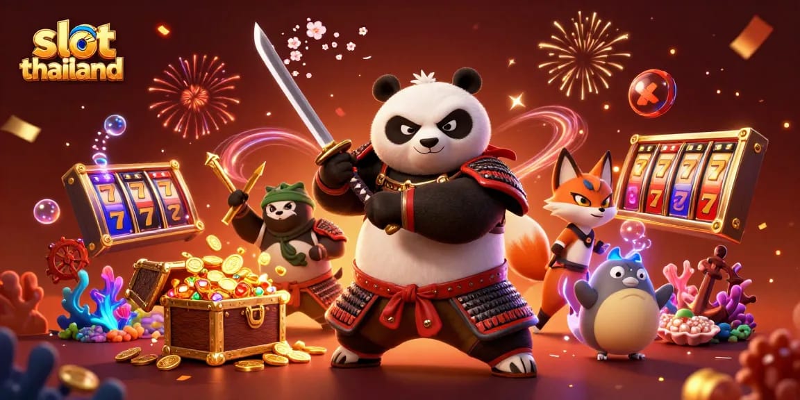 Experience thrilling gameplay with slot thailand in a dynamic 3D cartoon scene featuring samurai, fox, and tanuki.