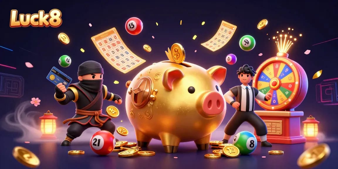 Experience Luck8's exhilarating gaming scene with dynamic characters and vibrant casino elements.