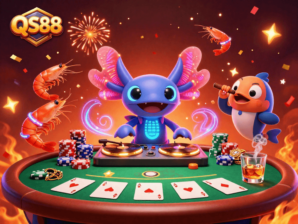 Join the excitement at QS88 with DJ axolotl spinning records and vibrant poker game elements!