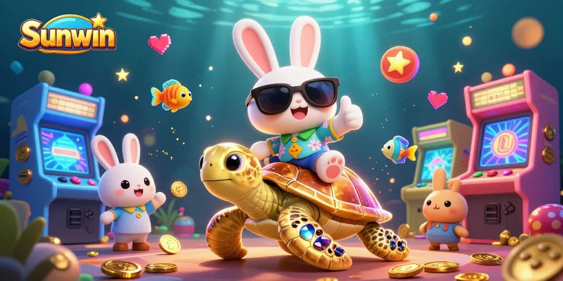 Engage with Sunwin's vibrant gaming scene, featuring a lucky rabbit and golden turtle in a dynamic underwater world.