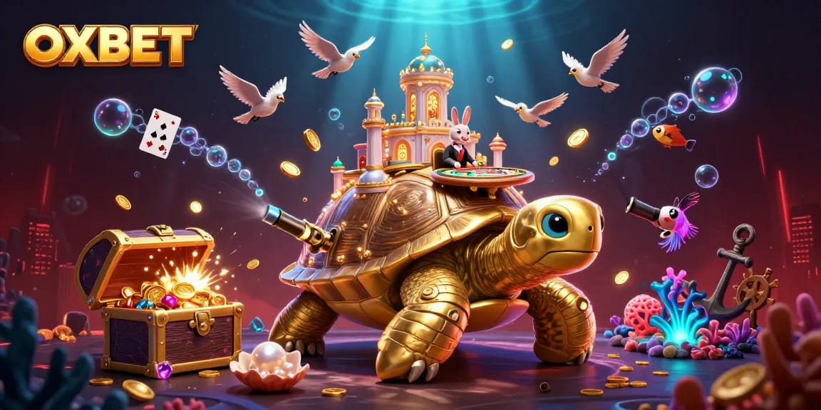 Engage with OXBET in a vibrant, dynamic casino scene featuring a golden tortoise and rabbit dealer.