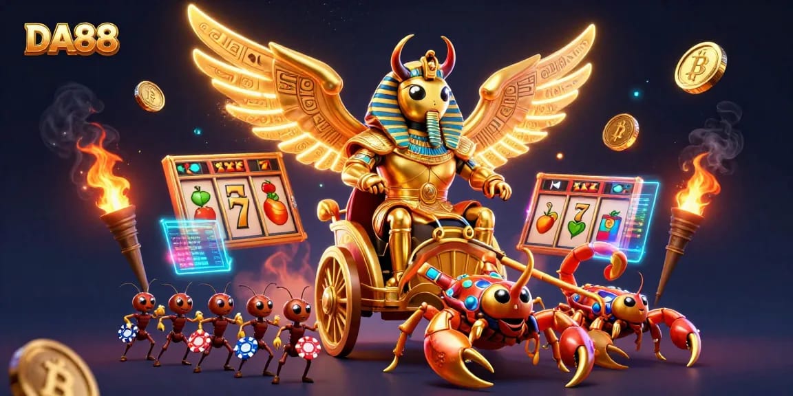 Engage with DA88's exciting casino experience through a vibrant 3D illustration showcasing slots and animated characters.