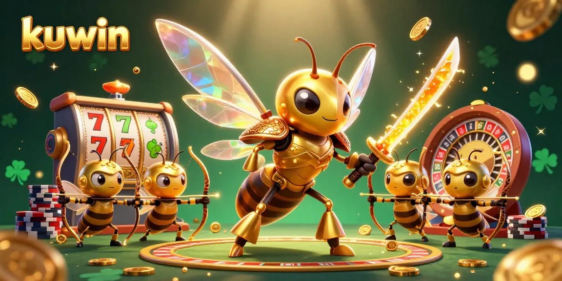 kuwin casino scene illustrates a golden hornet warrior with bee archers amid jackpot reels and poker elements.