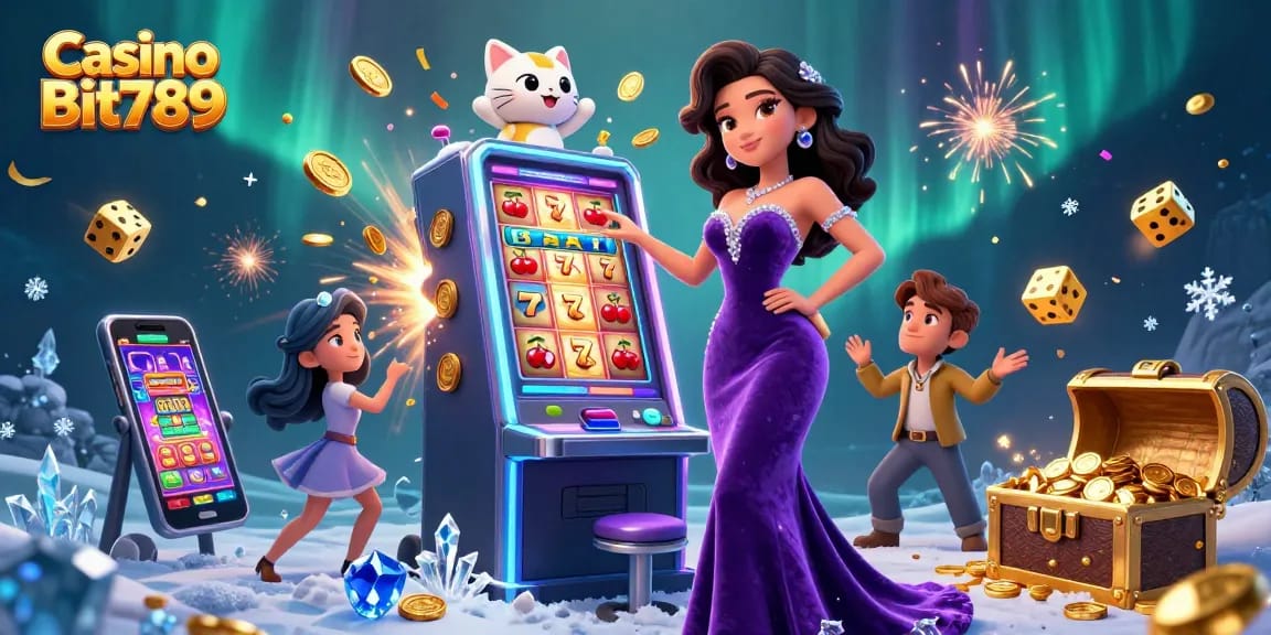 Engage in the excitement of Casino Bit789 with a glamorous woman by a jackpot slot machine.