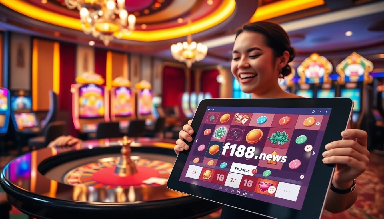 Players enjoy high-stakes gambling at https://f168.news/, featuring vibrant slot machines and roulette.