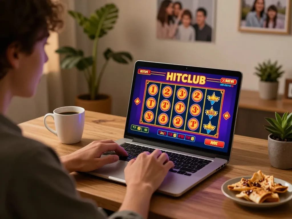 Engaging user enjoying HITCLUB online casino gaming on a laptop with a cozy atmosphere.