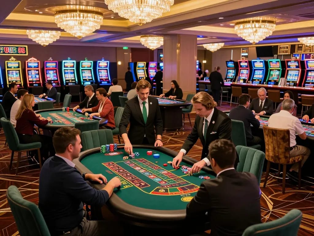 PUB88 gameplay in a lively casino atmosphere with multiple roulette tables and vibrant lighting
