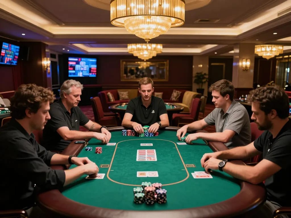 Engaged players at a green felt table in a game bài đổi thưởng uy tín casino, illustrating strategic gameplay.