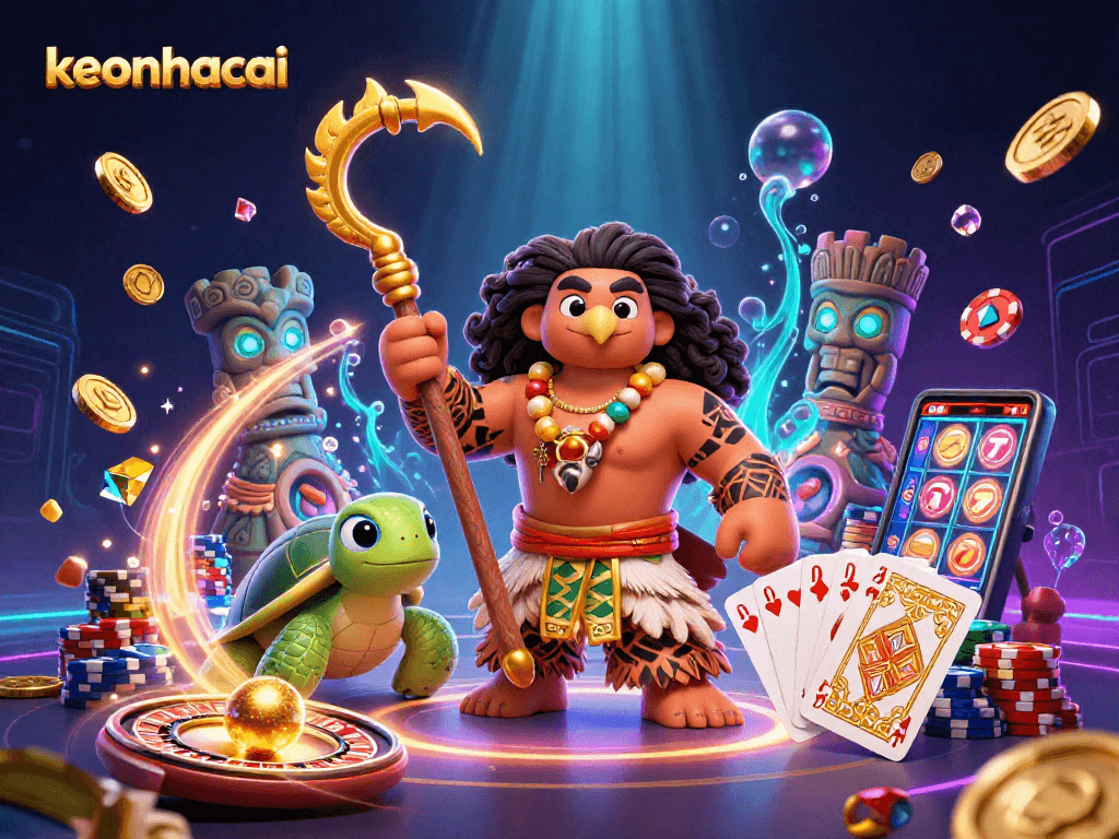 Engage with keonhacai through vibrant 3D cartoon casino scene featuring a Polynesian hawk.