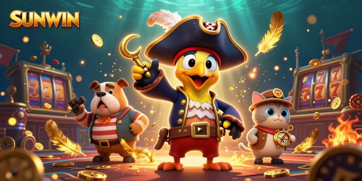 SUNWIN showcases an exciting casino scene with a pirate captain and colorful game elements.