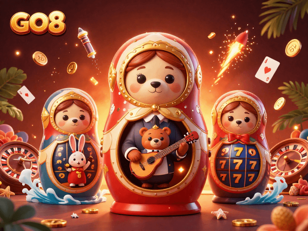 Spin to win at GO8 with a dynamic 3D casino scene full of excitement and vibrant characters.