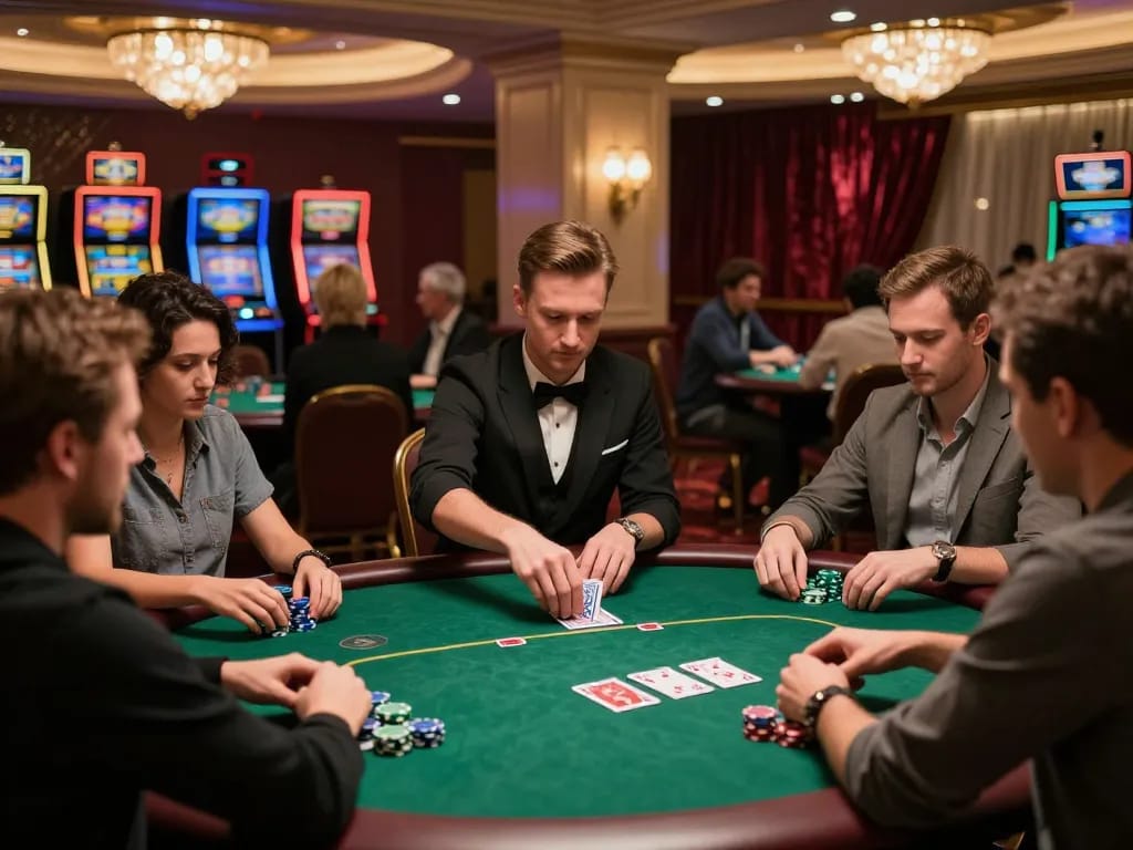 Players at a JUN88 poker table displaying excitement and strategy during a game.