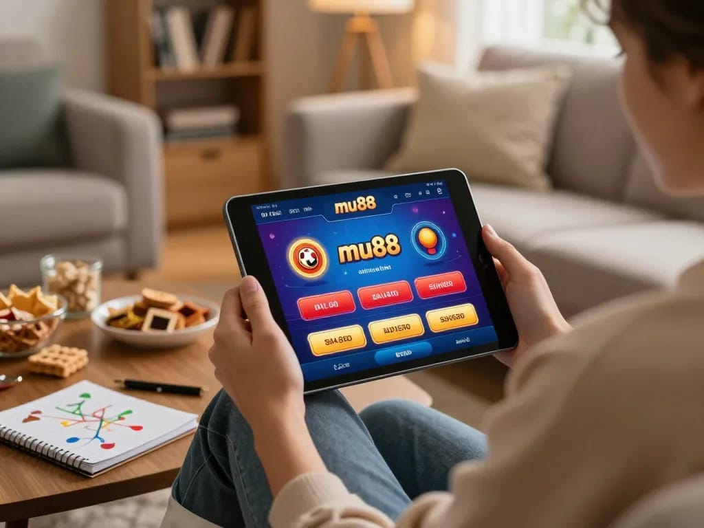 Engaging interaction with the mu88 casino app on a tablet, revealing strategic gameplay.