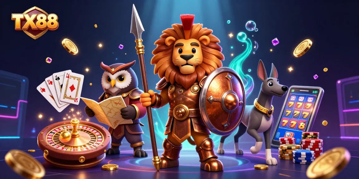 Experience the thrill of TX88 with a dynamic casino scene featuring a Spartan lion, owl, and greyhound in action.