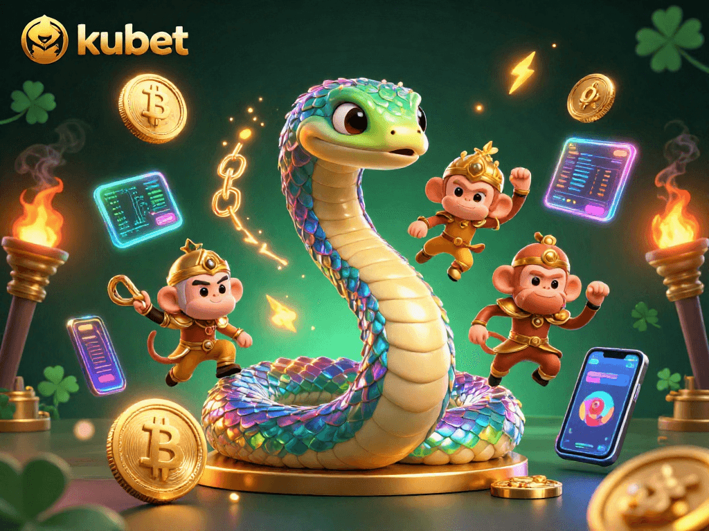 Play exciting games at kubet featuring playful monkey king and a rainbow serpent among crypto elements.