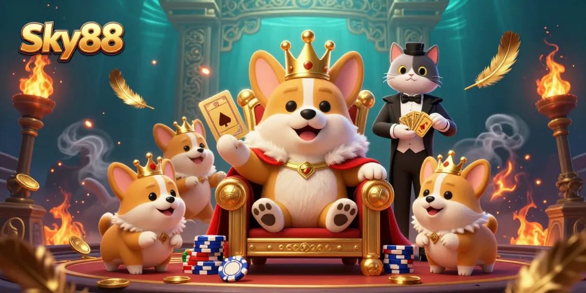Experience the vibrant and immersive gaming atmosphere of Sky88 as royal characters engage in thrilling casino action.