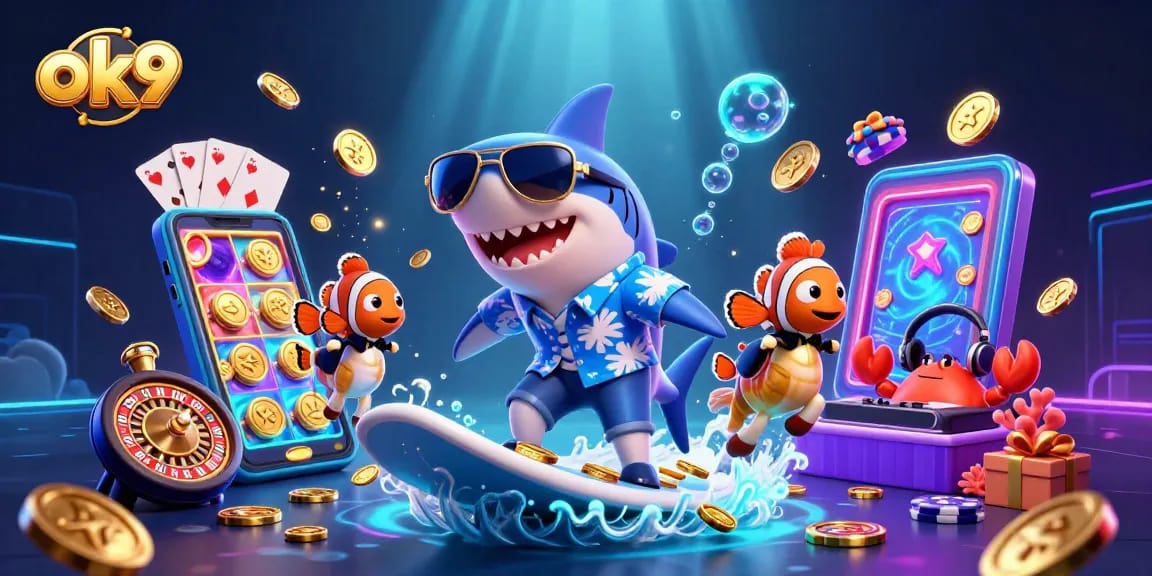 Experience thrilling gameplay at ok9 with a hammerhead shark surfing gold coins in a vibrant casino scene.