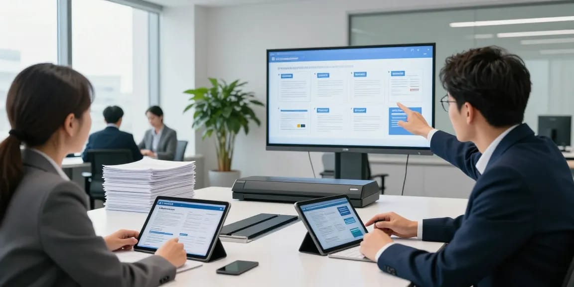 Professionals discussing document fraud detection strategies with data analytics in a modern corporate office.