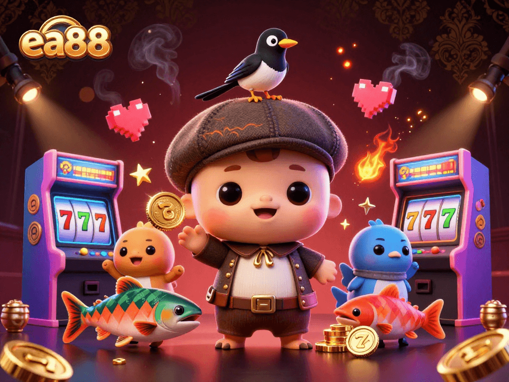 ea88 players engage in vibrant slots action with cute characters and dynamic gaming elements