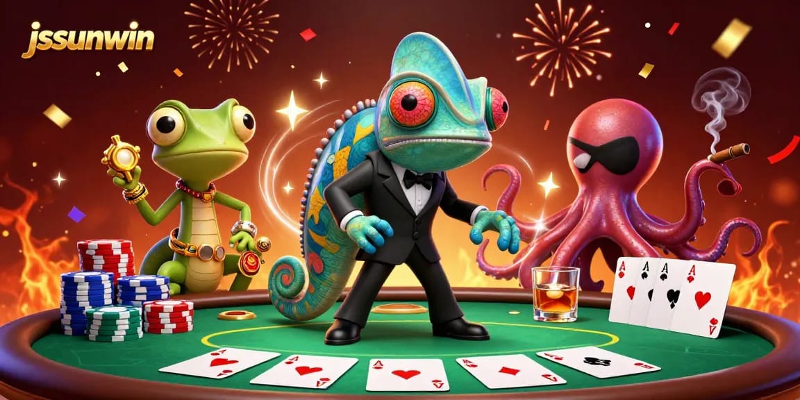 Engage in thrilling poker action with jssunwin's vibrant illustration highlighting a colorful casino scene.