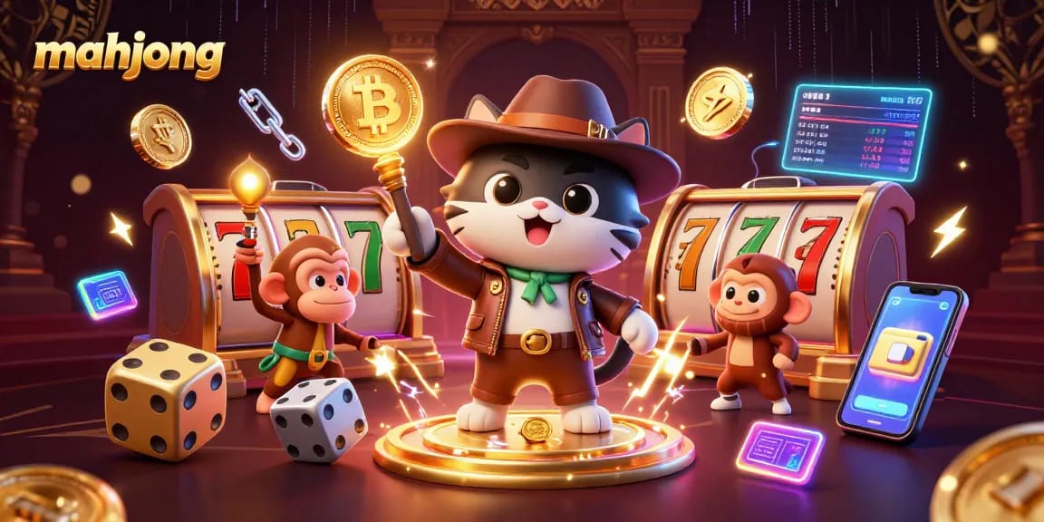 Engage in mahjong excitement with a dynamic casino adventure scene featuring 3D characters and gaming elements.