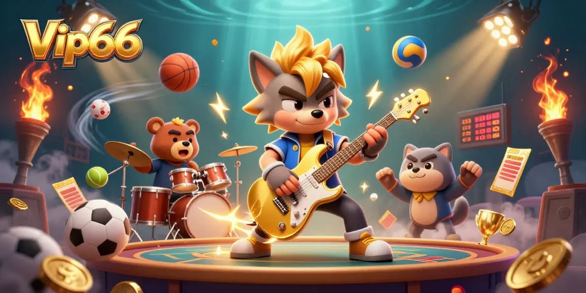 Experience the excitement of Vip66 with a rock star wolf on stage surrounded by dynamic sports and casino elements.