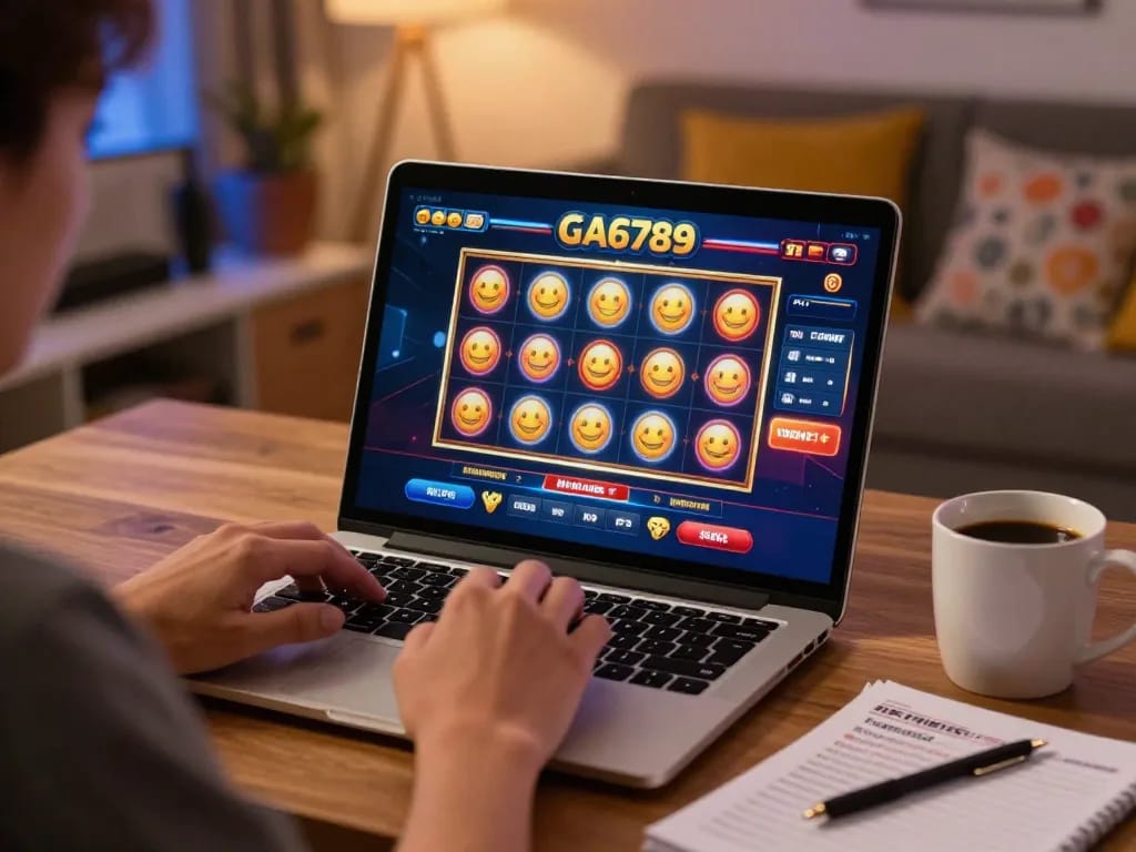 Engaging online gaming moment showcasing ga6789 casino interface on a laptop in a cozy setting.