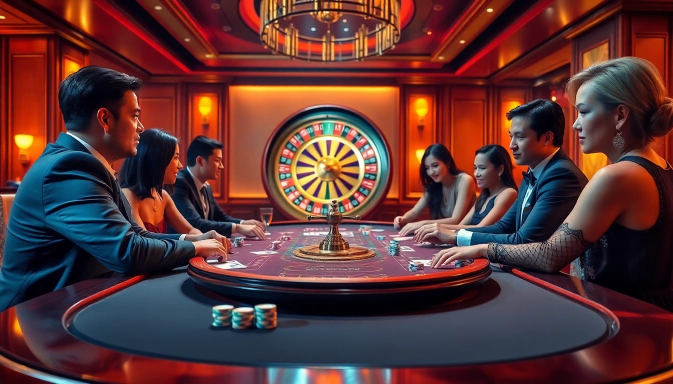 Players enjoying a thrilling poker game at HZ88's luxurious casino environment.