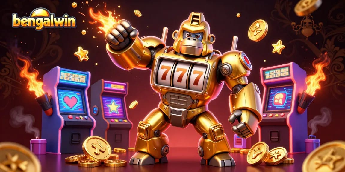 bengalwin offers thrilling 3D gaming action with a golden gorilla mech bursting coins in an exciting casino environment.