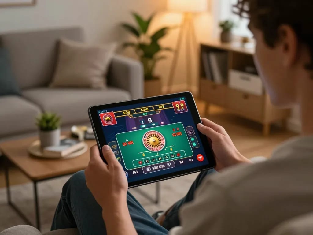 Player using alo8 tablet for online gambling, engaging in a live dealer roulette game at home