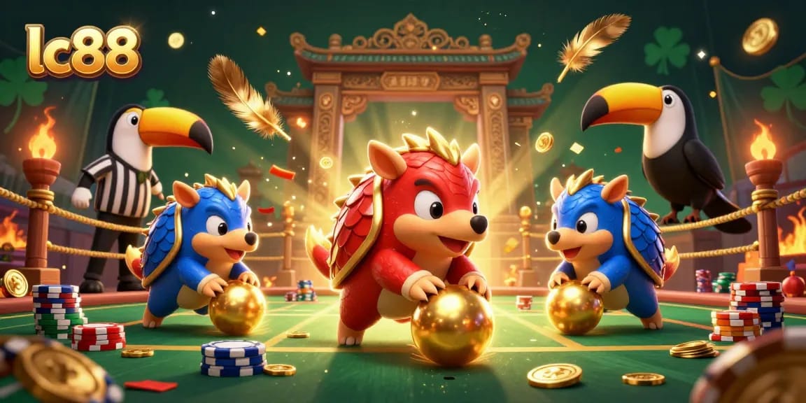 Play and win big at lc88 with animated pangolins bowling through poker chips in a vibrant casino scene.