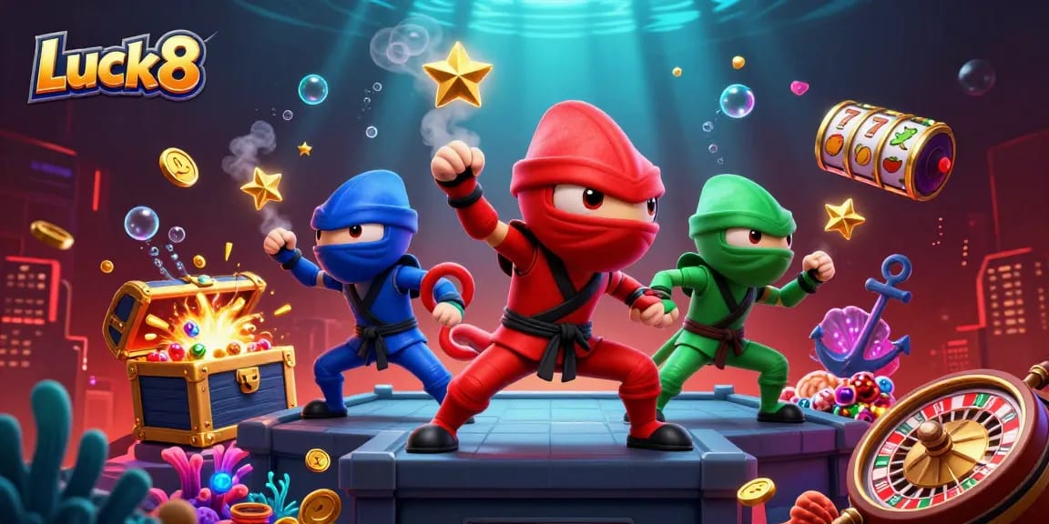 Fight for big wins in Luck8's vibrant 3D cartoon casino adventure with neon elements and golden treasures.