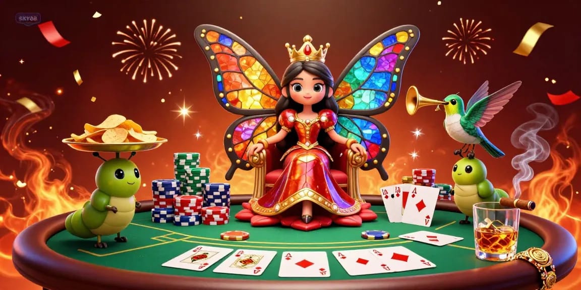 Engage in thrilling gaming adventures at SKY88 with vibrant casino elements and elegant characters.