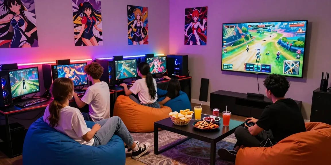 Friends playing ecchi games in a vibrant gaming room filled with anime decor and snacks.