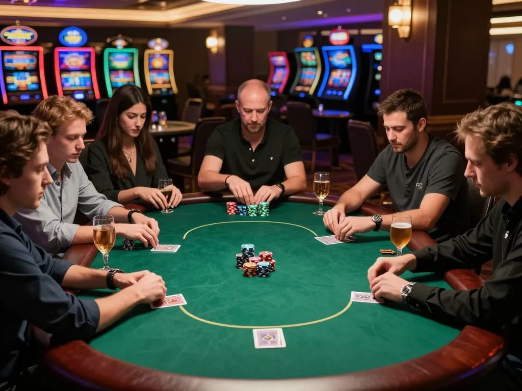 Players engaging at a poker table during a high-stakes game at HM88 COM casino, showcasing intense gameplay.