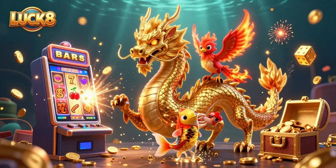 Experience LUCK8's vibrant gaming world with a fierce dragon, phoenix, and koi fish amidst a jackpot explosion.