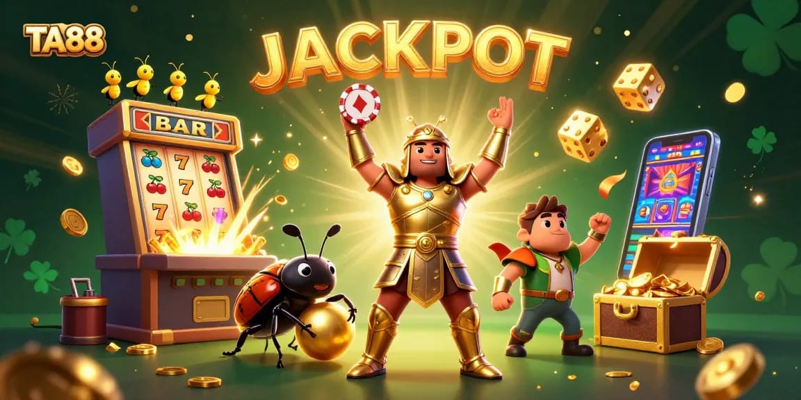 TA88 gamblers celebrating jackpot wins with vibrant casino visuals and dynamic characters.
