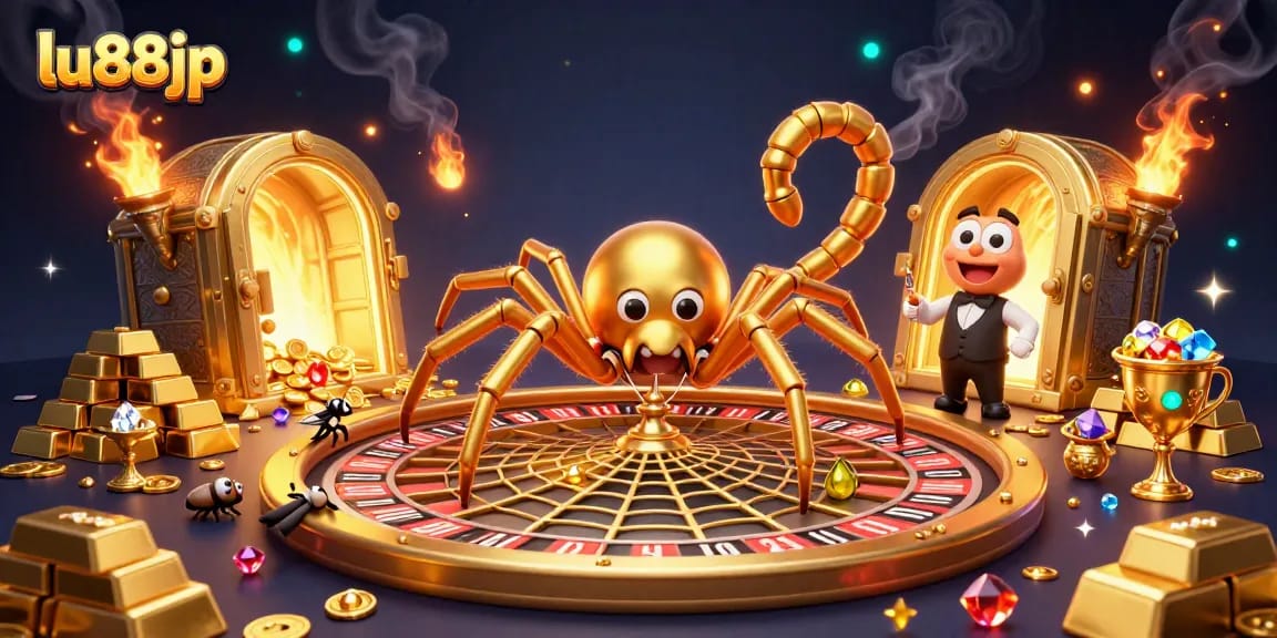 lu88jp gives bettors a thrilling experience as the golden spider spins a roulette wheel web.