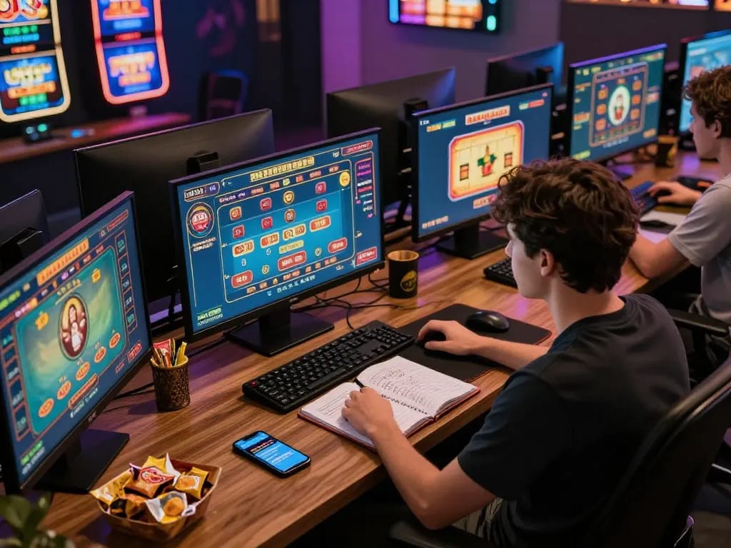 Engaging in MK8 online gaming with multiple screens showcasing casino games, illustrating dynamic betting strategies.