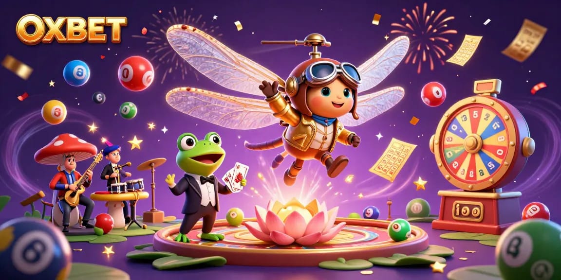 Experience thrilling gameplay at OXBET with vibrant lottery balls and cartoon characters in a dynamic casino scene.