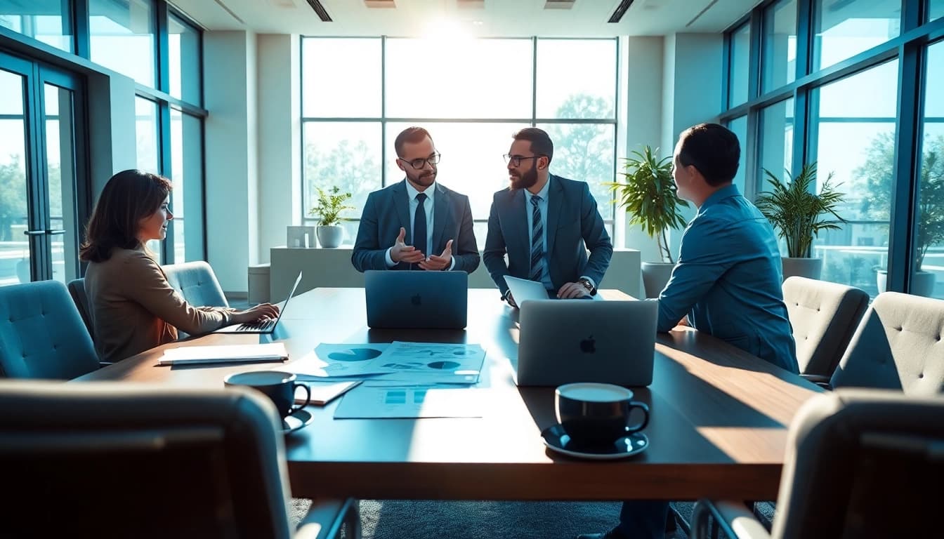 Consultant collaborating over grants with diverse team in a modern office atmosphere.