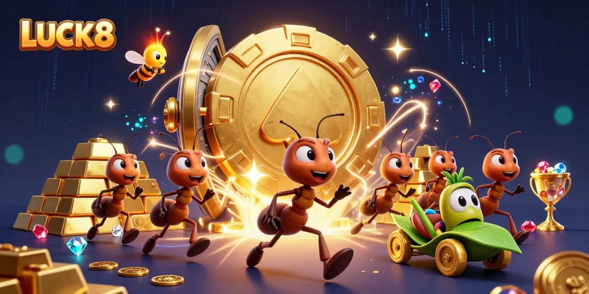 Engage with LUCK8's thrilling casino atmosphere as ants escape with a giant poker chip.