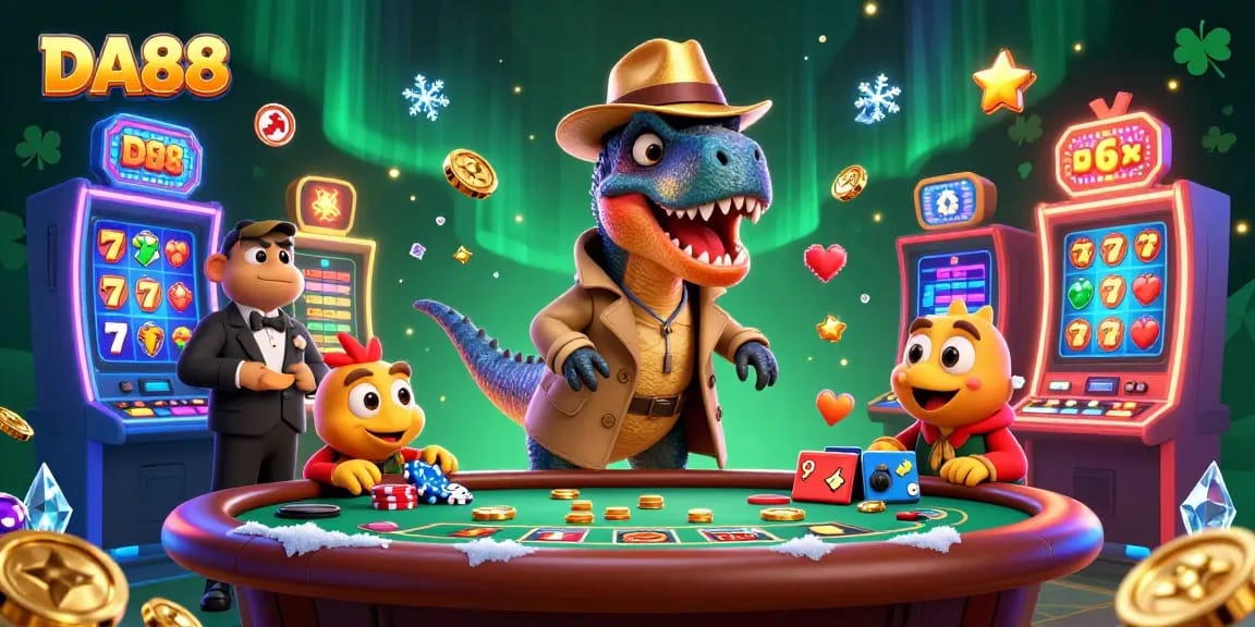 DA88 showcases thrilling gaming action with a velociraptor card counter at a blackjack table amidst vibrant slot machines.