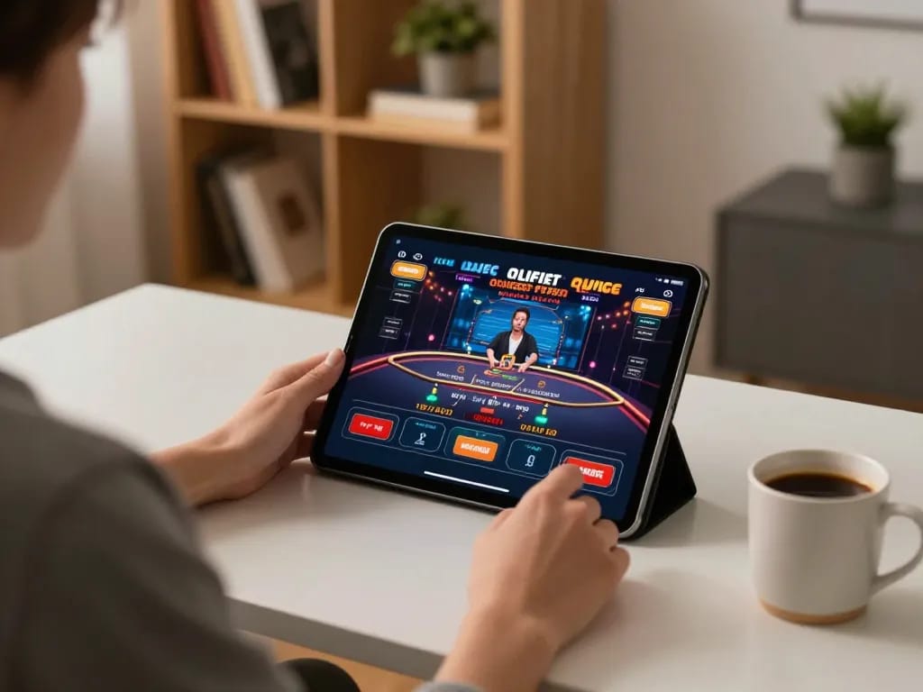 Player engaging in live casino game on tablet, exploring VA88 for high-quality gaming experience.