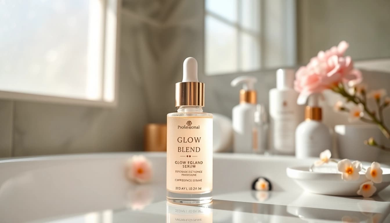 Applying a luxurious Glow Blend serum to enhance skin radiance in a serene bathroom setting.